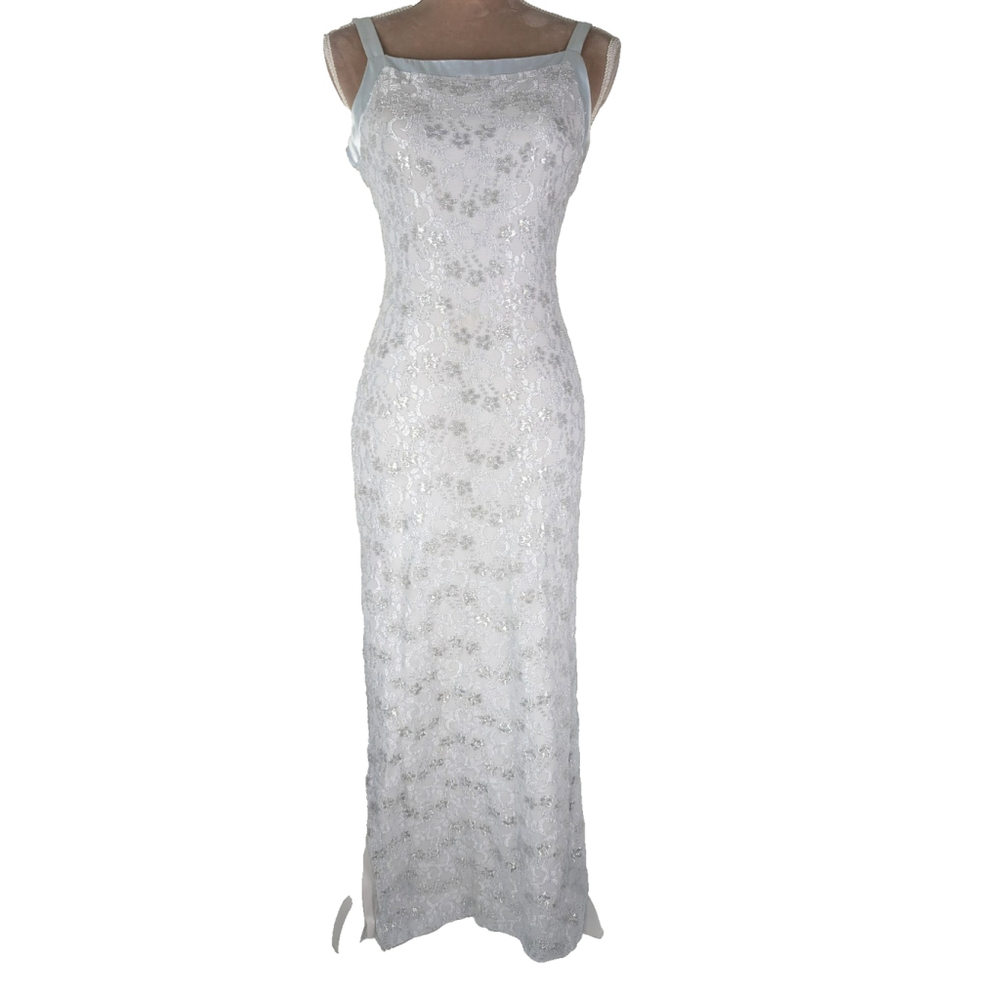 Vtg 90s Y2K Rampage Slip Maxi Gown Dress Lace Ice Blue Ethereal Fairy Formal M